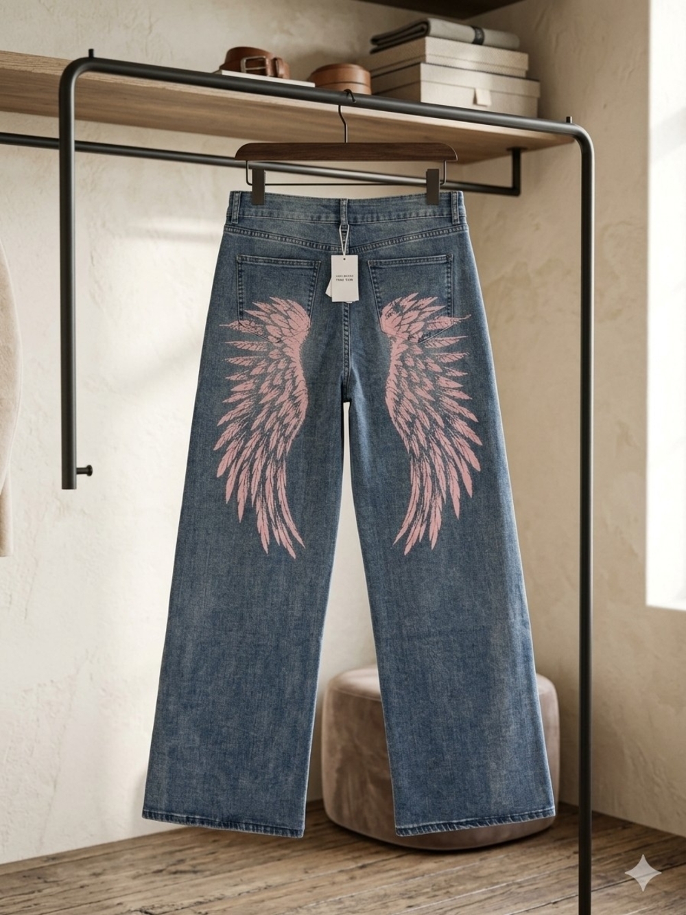Forever 21 Women's Low Waist Wide Leg Denim Pants with Screen Print, Relaxed Fit